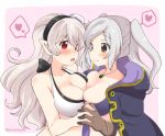  2girls bikini black_hairband blush breast_press breasts brown_gloves cleavage closed_mouth corrin_(fire_emblem) corrin_(fire_emblem)_(female) eromame fire_emblem fire_emblem_awakening fire_emblem_fates fire_emblem_heroes gloves hairband holding_hands large_breasts long_hair multiple_girls open_mouth pink_background pointy_ears red_eyes robin_(fire_emblem) robin_(fire_emblem)_(female) simple_background smile swimsuit symmetrical_docking twitter_username upper_body white_hair 