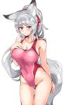  1girl absurdres animal_ears breasts cleavage collarbone commentary_request competition_swimsuit covered_navel cowboy_shot fox_ears fox_tail grey_eyes hair_ribbon hal_(h_lambda_l) highleg highleg_swimsuit highres long_hair medium_breasts neck_ribbon one-piece_swimsuit original pink_swimsuit ponytail ribbon silver_hair simple_background solo standing swimsuit tail white_background 