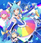  1boy 4girls :d :q abstract_background animal_ears bakenyan_(precure) black_neckwear blue_cat blue_gloves blue_hair blue_headwear blue_legwear braid cat_ears cat_tail character_doll choker cowboy_shot cure_cosmo earrings elbow_gloves extra_ears furry gloves green_eyes hat holding jewelry long_hair looking_at_viewer magical_girl mao_(precure) mini_hat mini_top_hat multicolored multicolored_clothes multicolored_hair multicolored_skirt multiple_girls multiple_persona open_mouth orange_eyes outstretched_arms pantyhose pink_hair precure purple_hair shirt skirt sleeveless sleeveless_shirt smile spread_arms star_twinkle_precure tail tongue tongue_out top_hat twin_braids two-tone_hair urabe_(mstchan) yuni_(precure) 