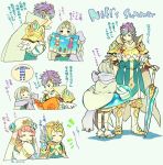  1boy 3girls blonde_hair blue_hair brother_and_sister cape closed_eyes closed_mouth crown feather_trim fire_emblem fire_emblem_heroes fjorm_(fire_emblem) fur_trim gradient_hair gunnthra_(fire_emblem) guttary hair_ornament hand_on_another&#039;s_head hrid_(fire_emblem) long_sleeves magazine multicolored_hair multiple_girls open_mouth pink_hair purple_eyes short_hair siblings simple_background sisters tiara twitter_username veil white_hair ylgr_(fire_emblem) 