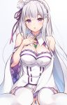  1girl :o bangs bare_shoulders blush breasts cleavage emilia_(re:zero) eyebrows_visible_through_hair gradient gradient_background grey_background hair_ribbon highres long_hair looking_at_viewer medium_breasts pointy_ears purple_eyes purple_ribbon re:zero_kara_hajimeru_isekai_seikatsu ribbon shiyo_yoyoyo silver_hair sitting solo thighhighs white_legwear wide_sleeves 