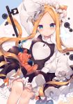  1girl abigail_williams_(fate/grand_order) ana_(rznuscrf) animal_ears bangs black_skirt blonde_hair blue_eyes blush bow breasts cat_ears cat_tail closed_mouth dress fate_(series) forehead highres keyhole long_hair long_sleeves looking_at_viewer maid_headdress orange_bow parted_bangs skirt sleeves_past_fingers sleeves_past_wrists small_breasts smile solo staff stuffed_animal stuffed_toy tail teddy_bear very_long_hair white_dress 