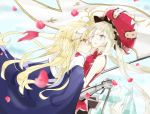  2girls 66ta1yak1 bare_shoulders black_skirt blonde_hair blue_cape blue_eyes blush cape commentary crystal fate/apocrypha fate/grand_order fate_(series) flag frown gauntlets gloves hand_on_another&#039;s_shoulder headpiece highres holding holding_flag horse jeanne_d&#039;arc_(fate) jeanne_d&#039;arc_(fate)_(all) large_hat long_hair looking_at_another marie_antoinette_(fate/grand_order) multiple_girls one_eye_closed open_mouth petals red_gloves red_headwear red_shirt shirt skirt sleeveless smile sweat very_long_hair yuri 