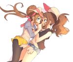  2girls ankea_(a-ramo-do) bangs baseball_cap black_legwear black_vest black_wristband blue_eyes blush breasts brown_hair cheek_poking cutoffs denim denim_shorts double_bun eye_contact face-to-face finger_to_mouth forehead-to-forehead hair_between_eyes hat legs legs_folded long_hair looking_at_another mei_(pokemon) midriff multiple_girls navel on_floor pantyhose pokemon pokemon_(game) pokemon_bw pokemon_bw2 poking shorts simple_background smile spread_legs touko_(pokemon) vest visor white_background yuri 