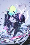  1boy alternate_form belt black_gloves black_jacket closed_eyes cravat dragon fangs fire gloves green_hair half_gloves horns jacket lio_fotia looking_back male_focus open_mouth promare purple_eyes saki_(hxaxcxk) solo 