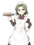  1girl apron blush brown_eyes cuff_links cup dress drinking_glass food frilled_apron frills glasses green_hair hair_intakes hand_on_hip highres holding holding_tray long_sleeves looking_at_viewer maid maid_apron maid_headdress mashita_(candy_apricot) napkin ribbon saki sandwich short_hair simple_background smug solo someya_mako tray waist_apron water wavy_hair white_background 
