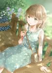 1girl :p absurdres aqua_dress bag bangs bare_arms bench blurry breasts brown_hair collarbone commentary_request dappled_sunlight day depth_of_field dress eyebrows_visible_through_hair feet_out_of_frame floral_print flower food from_above green_eyes hair_ribbon handbag highres holding holding_food hoshiibara_mato ice_cream ice_cream_cone licking_lips looking_at_viewer original outdoors ribbon short_hair small_breasts soft_serve solo summer sundress sunlight tongue tongue_out white_camisole yellow_ribbon 