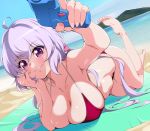  1girl ahoge barefoot beach bikini blue_sky blush breasts cleavage day eyebrows_visible_through_hair kurihara_kenshirou long_hair looking_at_viewer low_twintails lying navel ocean on_stomach outdoors parted_lips purple_eyes red_bikini scrunchie senki_zesshou_symphogear shiny shiny_hair shiny_skin sky smile soles solo swimsuit teeth twintails very_long_hair yukine_chris 