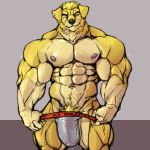  1:1 abs biceps black_nose blonde_hair blue_eyes bodily_fluids bulge canid canine canis clothing domestic_dog ear_piercing ear_ring floppy_ears fur genital_fluids hair huge_bulge huge_muscles jockstrap looking_at_viewer male mammal multicolored_fur muscular muscular_male nipples oldshep one_eye_closed pecs piercing pink_nipples precum precum_through_clothing pubes simple_background solo two_tone_fur underwear undressing wet wet_clothing wink yellow_fur 