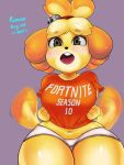  animal_crossing anthro big_breasts blush breasts camel_toe canid canine canis dialogue domestic_dog epic_games female fortnite hi_res isabelle_(animal_crossing) lyn_nyl mammal nintendo video_games wide_hips 