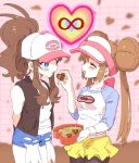  ankea_(a-ramo-do) bangs baseball_cap black_legwear black_vest black_wristband blue_eyes blush brown_hair chocolate chocolate_heart closed_eyes cutoffs denim denim_shorts double_bun eating feeding hair_between_eyes happy hat heart highres infinity mei_(pokemon) pantyhose pink_background pokemon pokemon_(game) pokemon_bw pokemon_bw2 ponytail shorts smile touko_(pokemon) valentine vest visor yellow_shorts yuri 