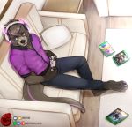  2019 4_toes anthro barefoot black_fur black_nose claws clothed clothing detailed_background digital_media_(artwork) fur headphones heterochromia hi_res lutrine male mammal mustelid nerton pawpads sitting solo toes 