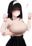  ! 1girl bangs beige_sweater black_hair black_skirt blue_eyes blush breast_grab breasts closed_mouth constricted_pupils eyebrows_visible_through_hair grabbing grabbing_from_behind hairband hands_up high-waist_skirt highres idolmaster idolmaster_cinderella_girls large_breasts long_hair long_sleeves revision sagisawa_fumika senju_(snz0) simple_background skirt solo_focus turtleneck white_background 