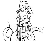  2012 4_ears alien armor clothed clothing digital_media_(artwork) digitigrade female frown fully_clothed fur gun line_art looking_away monochrome multi_ear portrait ranged_weapon rifle simple_background solo standing tails_(disambiguation) test_pattern three-quarter_portrait tozol weapon white_background 