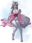  2019 5_fingers anthro aomori areola breasts canid canine clothed clothing digital_media_(artwork) female fingers fur grey_fur mammal nipples red_eyes simple_background smile solo 