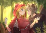  2girls ange_(princess_principal) animal_ears bangs basket big_bad_wolf big_bad_wolf_(cosplay) blue_eyes blueramen blunt_bangs blush bow bread brooch cosplay day eye_contact food forest gloves highres holding_hands jewelry little_red_riding_hood little_red_riding_hood_(grimm) little_red_riding_hood_(grimm)_(cosplay) long_hair looking_at_another multiple_girls nature outdoors princess_(princess_principal) princess_principal red_bow red_hood short_hair standing tail tree twitter_username white_gloves wolf_ears wolf_tail yuri 