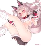  1girl absurdres animal_ears ass azur_lane between_legs blush bottomless braid breasts crop_top fingerless_gloves from_below frown gloves highres kandori long_hair looking_at_viewer multicolored multicolored_nails red_eyes silver_hair simple_background slit_pupils solo tail tail_between_legs thighs underboob very_long_hair white_background yuudachi_(azur_lane) 