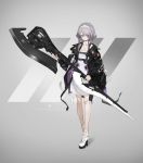  1girl bangs closed_mouth dress full_body grey_background grey_hair hair_over_one_eye hairband high_heels highres holding holding_weapon jacket looking_at_viewer neco original purple_eyes short_hair short_hair_with_long_locks simple_background solo standing weapon white_dress white_hairband 