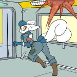  1:1 2016 2_tails anthro bethesda_softworks blue_fur blue_hair boots caitlyn_(swordfox) clothing crossover door explosion fallout felid feline female footwear fur hair hallway hi_res inkwell-pony mammal meowstic multi_tail nintendo pip-boy pok&eacute;mon pok&eacute;mon_(species) pok&eacute;morph post-apocalyptic red_eyes running shrapnel story story_in_description vault_suit video_games white_fur window yellow_sclera 