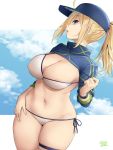  1girl ahoge artist_name artoria_pendragon_(all) bangs baseball_cap bikini bikini_pull blonde_hair blue_eyes breasts cleavage cloud commentary_request covered_nipples fate/grand_order fate_(series) hat highres jacket large_breasts long_hair looking_at_viewer looking_to_the_side mysterious_heroine_xx_(foreigner) navel oekakizuki open_mouth ponytail sky solo swimsuit thigh_strap thighs white_bikini 