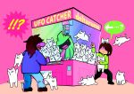  !!? 1girl 1other absurdres annoying_dog arcade_stick blue_jacket brown_hair closed_eyes controller crane_game cyouruide224 deltarune dog game_controller green_shirt hair_over_eyes hat highres jacket joystick pink_background pink_scarf pointing purple_skin ralsei scarf sharp_teeth shirt speech_bubble standing susie_(deltarune) teeth too_many undertale wizard_hat yellow_teeth 