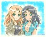  2girls aoshidan_(emblem) aoshidan_school_uniform bangs black_hair blonde_hair blue_background blue_eyes breasts brown_eyes burafu cleavage collarbone dark_skin el_(girls_und_panzer) girls_und_panzer kay_(girls_und_panzer) large_breasts long_hair multiple_girls open_mouth saunders_military_uniform school_uniform smile suspenders sweater tongue wavy_hair 