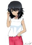  1girl andou_(girls_und_panzer) artist_name bangs black_hair blouse brown_eyes bukkuri casual closed_mouth commentary cowboy_shot dark_skin dated girls_und_panzer hand_in_hair hand_in_pocket looking_at_viewer medium_hair messy_hair pants pink_pants signature simple_background sleeveless_blouse smile solo standing white_background white_blouse 