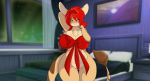  bed bedroom brown_fur female fur green_eyes hair inside mammal mastergodai night_sky red_hair ribbons solo tan_fur 