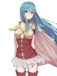  1girl aqua_hair arms_behind_back blue_eyes breastplate cape closed_mouth earrings eirika elfenlied22 fire_emblem fire_emblem:_the_sacred_stones highres jewelry long_hair simple_background skirt smile solo upper_body white_background white_skirt 