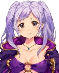  1girl brown_eyes closed_mouth fire_emblem fire_emblem_awakening fire_emblem_heroes jewelry jurge necklace o-ring o-ring_bikini robin_(fire_emblem) robin_(fire_emblem)_(female) simple_background smile solo twintails upper_body white_background white_hair 