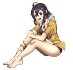  1girl barefoot bikini black_eyes black_hair bracelet ebinku fire_emblem fire_emblem_awakening fire_emblem_heroes full_body highres jewelry morgan_(fire_emblem) morgan_(fire_emblem)_(female) navel necklace open_mouth short_hair short_sleeves simple_background sitting solo swimsuit white_background 