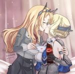  2girls ascot black_gloves blonde_hair blue_eyes blue_neckwear bottle breasts brown_background cake_no_shaberu capelet closed_eyes colorado_(kantai_collection) commentary_request cowboy_shot cup dress elbow_gloves flower garrison_cap gloves gradient gradient_background grey_dress hat headgear highres holding holding_bottle hug kantai_collection kiss kiss_day large_breasts long_sleeves military military_uniform multiple_girls necktie nelson_(kantai_collection) pencil_skirt red_flower red_neckwear red_rose rose shirt short_hair side_braids sideboob skirt sleeveless teacup uniform white_shirt yuri 