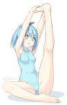  1girl arms_up ass_visible_through_thighs bangs bare_arms bare_legs bare_shoulders barefoot black_ribbon blue_eyes blue_hair blue_leotard blush breasts eyebrows_visible_through_hair full_body groin hair_ribbon hatsunatsu leg_up leotard original parted_lips ribbon shadow sidelocks small_breasts solo sweat twitter_username v-shaped_eyebrows white_background 