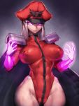  1girl breasts cape commentary_request covered_nipples fumio_(rsqkr) genderswap genderswap_(mtf) glowing glowing_hand groin hat highres hip_focus large_breasts light_smile long_hair looking_at_viewer military_hat parted_lips purple_eyes shoulder_pads silver_hair solo street_fighter vega wide_hips 