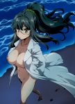  1girl absurdres areolae bangs beach blush breasts brown_eyes brown_hair closed_mouth collarbone exhibitionism footprints from_above futaba_rio glasses hair_between_eyes hands_in_pockets high_ponytail highres labcoat large_breasts long_hair looking_at_viewer maximilian-destroyer naked_coat navel night nipple_slip nipples ocean ponytail sand scrunchie seishun_buta_yarou shore solo water waves yellow_scrunchie 