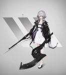  1girl bangs closed_mouth dress dual_wielding full_body grey_background grey_hair gunblade hair_over_one_eye hairband high_heels highres holding holding_weapon jacket looking_at_viewer neco original purple_eyes short_hair short_hair_with_long_locks simple_background solo standing trigger_discipline weapon white_dress white_hairband 