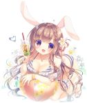  1girl :d animal_ears ball bare_shoulders beachball bikini blush bracelet braid breast_rest breasts brown_footwear brown_hair bunny_ears bunny_girl bunny_tail cleavage collarbone commentary cup disposable_cup drink drinking_straw fingernails flower full_body hair_flower hair_ornament hairclip heart holding holding_cup jewelry large_breasts long_hair open_mouth original puffy_short_sleeves puffy_sleeves purple_flower red_eyes sandals see-through see-through_sleeves short_sleeves side-tie_bikini smile solo star star_hair_ornament striped striped_bikini swimsuit symbol_commentary tail very_long_hair water_drop white_background white_flower yukie_(peach_candy) 