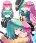  2girls ;o ^_^ aqua_shirt bangs biting black_headwear blush cheek_biting closed_eyes commentary_request eyebrows_visible_through_hair green_eyes green_hair hair_between_eyes hat hat_removed hata_no_kokoro headwear_removed highres holding holding_hat hug komeiji_koishi long_hair long_sleeves looking_at_another looking_at_viewer mask multiple_girls multiple_views one_eye_closed open_mouth pink_hair plaid plaid_shirt shirt short_hair simple_background smile sweat tada_no_nasu touhou upper_body very_long_hair white_background yuri 