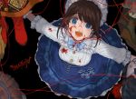  1girl alternate_costume black_background blood blood_on_face bloody_clothes blue_dress blue_eyes brown_hair button_eyes copyright_name dress emma_woods highres identity_v kevin_ayuso looking_at_viewer looking_up open_mouth string totoji 