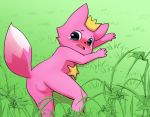  4_fingers ambiguous_gender blush bodily_fluids butt canid canine cute_fangs dipstick_tail featureless_crotch feral fingers fox fur grass kemono lying mammal multicolored_tail on_side open_mouth pink_fur pinkfong_(character) raised_tail rear_view snout solo sum tears tongue 