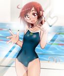  1girl ahoge blush commentary_request competition_swimsuit covered_navel graphite_(medium) heart hino_akane_(smile_precure!) looking_at_viewer millipen_(medium) one-piece_swimsuit onnaski open_mouth pool precure red_eyes red_hair short_hair smile smile_precure! solo swimsuit traditional_media 
