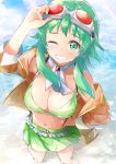  1girl beach blue_sky blush bra breasts cleavage cloud cloudy_sky commentary daidou_(demitasse) day feet_out_of_frame goggles goggles_on_head green_bra green_eyes green_hair green_skirt gumi hand_on_goggles hand_on_hip highres jacket looking_at_viewer medium_breasts nail_polish navel ocean one_eye_closed orange_jacket outdoors sand short_hair_with_long_locks skirt sky smile solo standing underwear vocaloid water_drop wet 