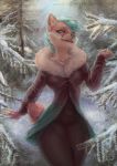  2019 anthro canid canine canis clothed clothing day domestic_dog fangs female forest fox fur hi_res hybrid looking_at_viewer lostgoose mammal outside pink_fur shiba_inu snow solo spitz standing teal_eyes teal_hair teal_nose tree 