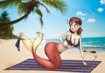  2017 beach beingobscene beverage bikini bottomless breast_expansion breasts brown_hair clothed clothing detailed_background female green_eyes hair hi_res marine merfolk navel nipple_outline on_towel outside palm_tree photo_background sand seaside short_hair sky solo surprise swimwear torn_clothing towel transformation tree water 