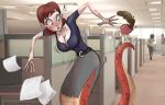  2017 beingobscene beverage big_breasts blush bottomwear breast_expansion breasts brown_hair clothing coffee female green_eyes hair hi_res lamia non-mammal_breasts office paper photo_background reptile scalie shirt short_hair skirt snake solo surprise topwear transformation 