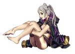  1girl barefoot belt bikini breasts brown_eyes cleavage ebinku fire_emblem fire_emblem_awakening fire_emblem_heroes from_side full_body highres hood hood_down legs_up open_mouth robin_(fire_emblem) robin_(fire_emblem)_(female) simple_background sitting solo swimsuit thigh_strap twintails white_background white_hair 