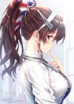  1girl ashigara_(kantai_collection) bangs blurry blurry_background blush breasts brown_eyes brown_hair collared_shirt day finger_to_mouth from_side hair_between_eyes hair_ornament hair_ribbon hairband highres indoors ishihara_masumi kantai_collection large_breasts long_hair looking_at_viewer parted_lips ponytail remodel_(kantai_collection) ribbon shirt sidelocks solo twitter_username wavy_hair white_hairband white_shirt 