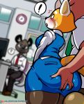  2019 aggressive_retsuko ailurid anthro big_butt blurred_background blush bodily_fluids bottomwear breasts butt butt_grab clothed clothing domestic_pig female fully_clothed grope group haida hand_on_butt hi_res hyaenid legwear lollipopcon male mammal miniskirt pantyhose patreon pictographics questionable_consent red_panda retsuko sanrio shirt skirt solo_focus spotted_hyena suid suina sus_(pig) sweat tight_clothing ton topwear unprofessional_behavior url vest 