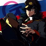  1girl brown_footwear g_gundam glasses green_eyes green_neckwear gundam hair_over_one_eye hat highres long_hair military military_hat military_uniform nastasha_zabigov necktie solo tenpikaroi uniform 