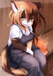  2019 akamu_ver20 blush breasts brown_eyes brown_fur brown_hair chest_tuft clothed clothing cute_fangs dress felid feline female fluffy fluffy_tail fur hair handbag happy hi_res inner_ear_fluff inside kemono long_hair looking_at_viewer mammal open_mouth portrait solo three-quarter_portrait translucent translucent_hair tuft white_fur 